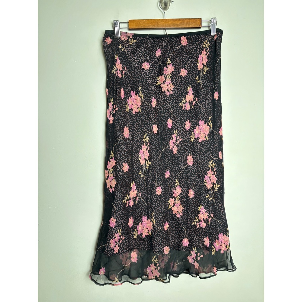 Womens Vintage Y2K Sheer Silk Midi Skirt Large Fairy Goth Floral Dark Romantic